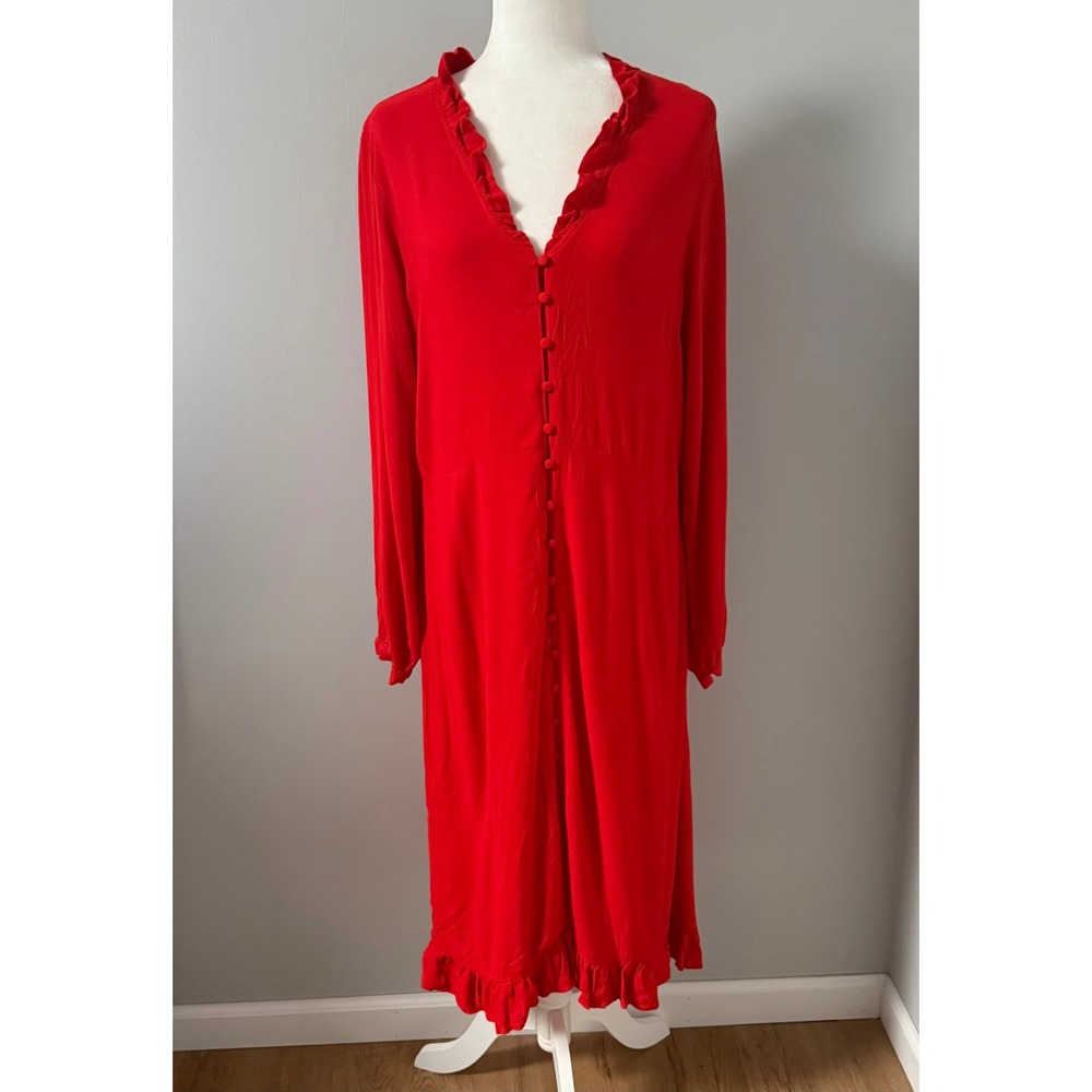 Second Female x Anthropologie Anna Dress Red Ruffle Button Front Midi Size XL